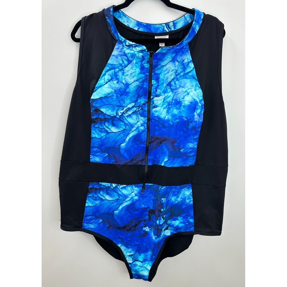 NWT Avenue One Piece Swimsuit Blue Marble Print Zip Front High Neck Plus Size 5X - Picture 2 of 11
